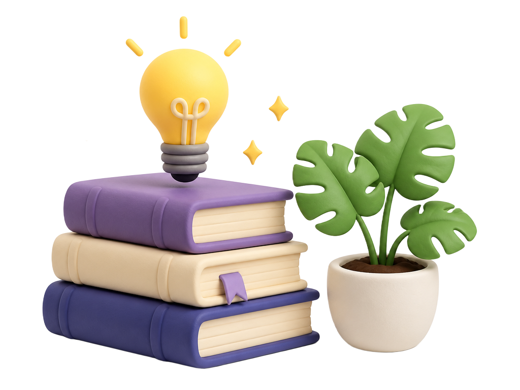 Stack of books with a lightbulb and a potted plant
